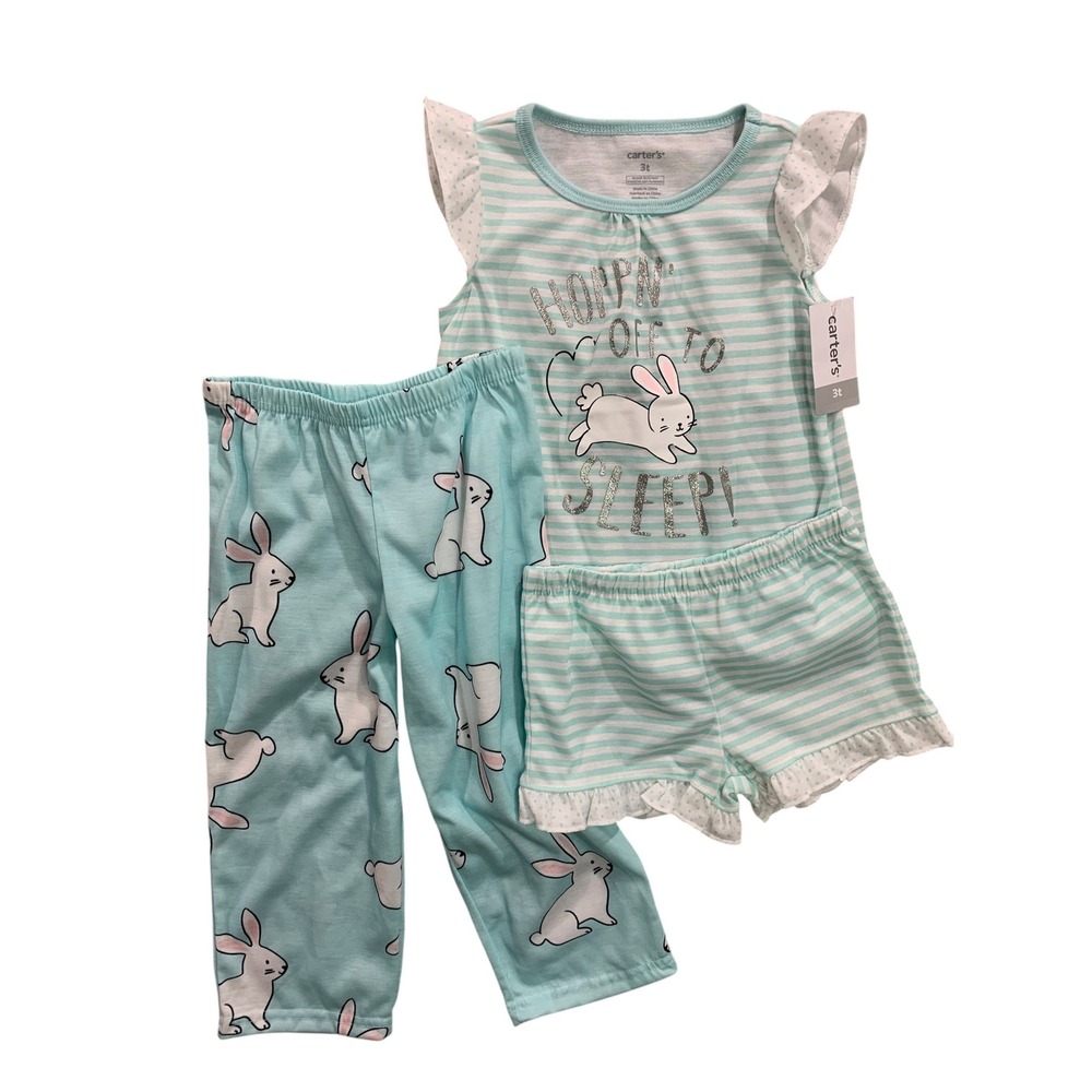 Size 3T Carters Girls 3 Piece Pajama Set New Spring Bunny Mint Green